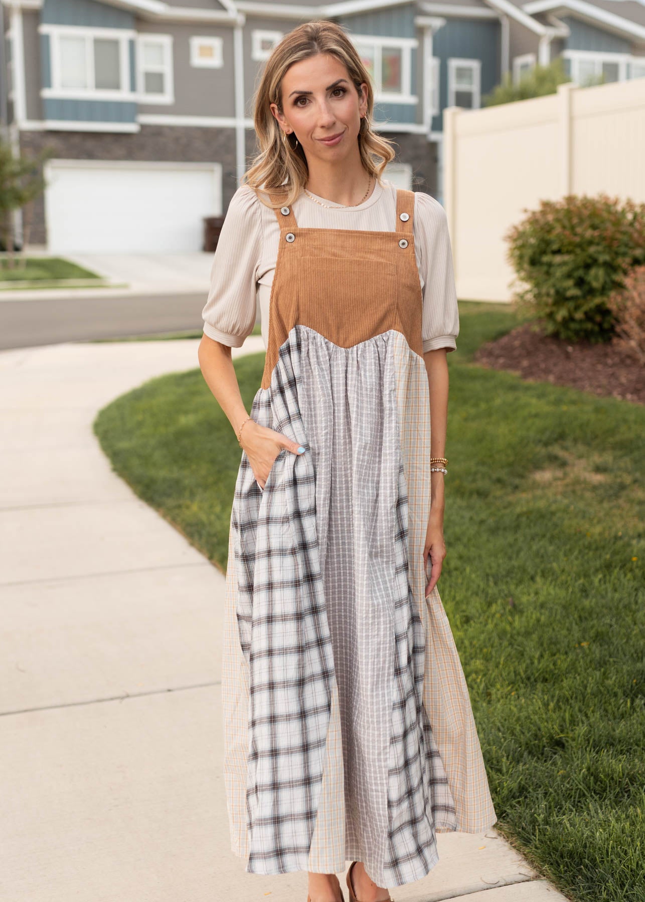 Modest patchwork overall dress with pockets