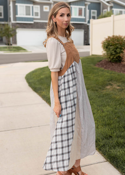Side view of the patchwork overall dress with cordroy top