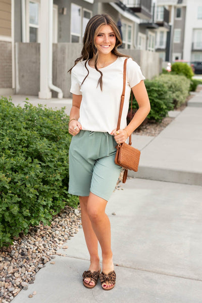 knit sage green shorts