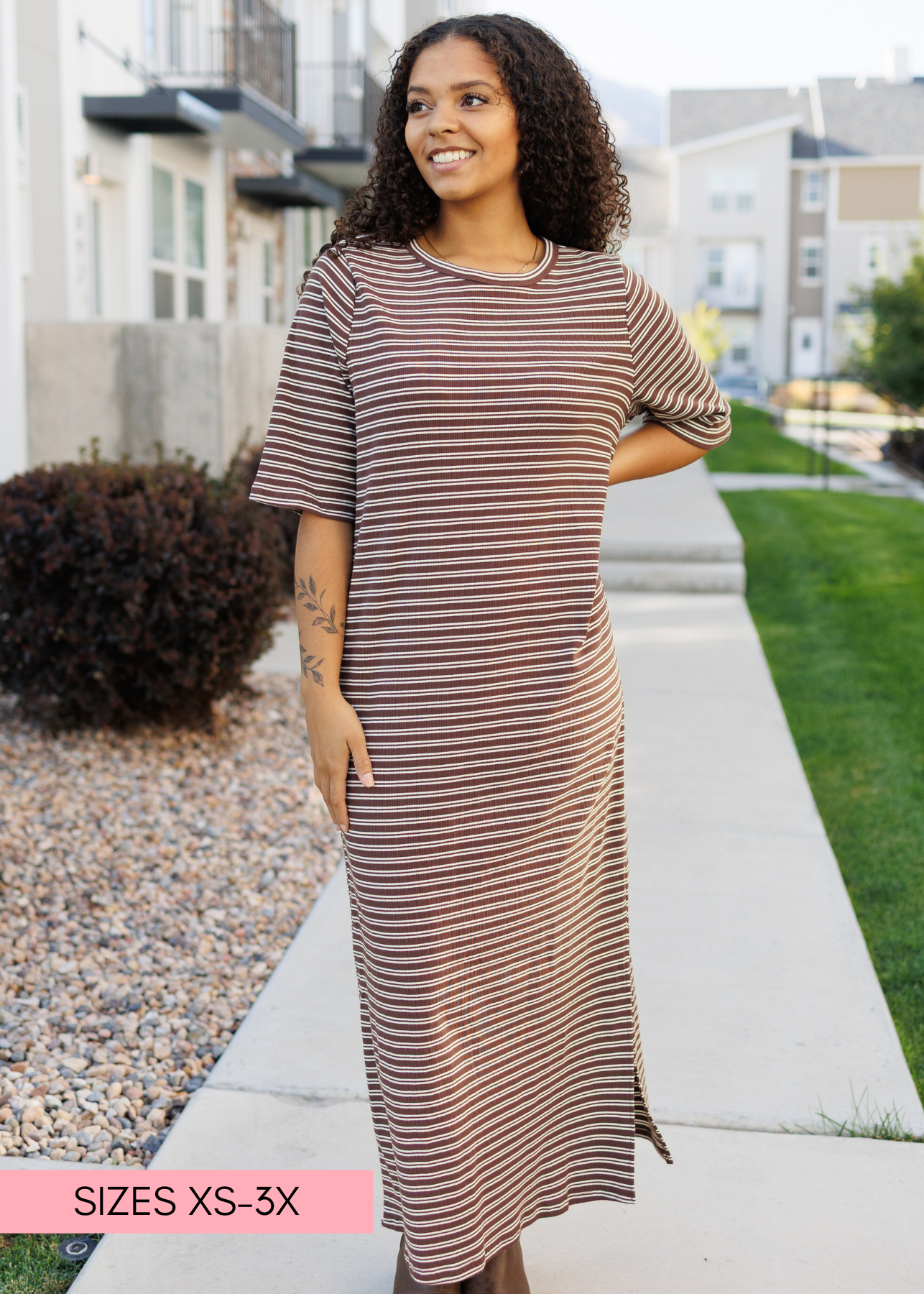Short sleeve modest chestnut stripe dress sizes x-small to x-large and plus size 1x to 3x
