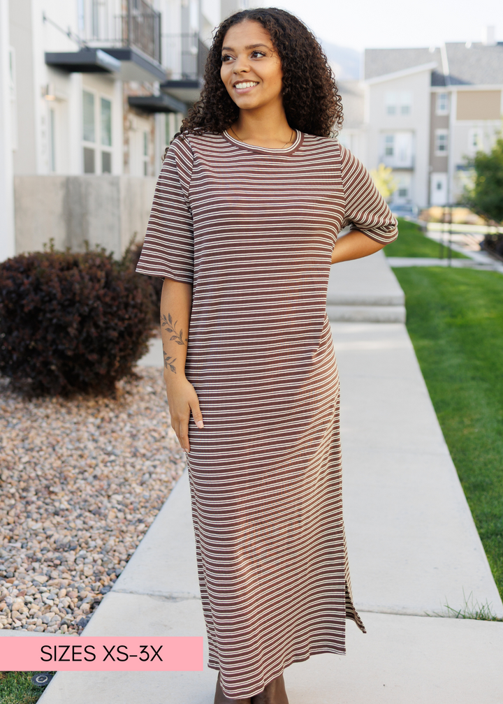 Lydia Chestnut Stripe Dress - Striped Dress | Lena Layne