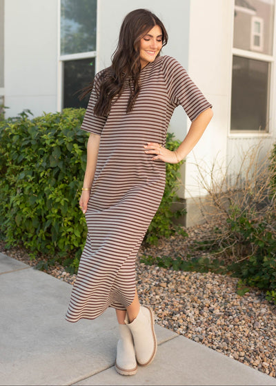Short sleeve chestnut stripe dress with short sleeves and ivory stripes