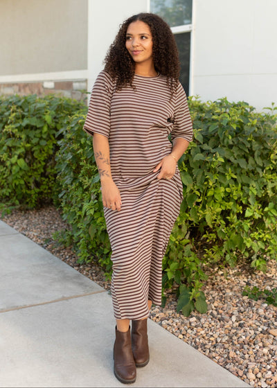 Knit chestnut stripe dress with ivory stripes