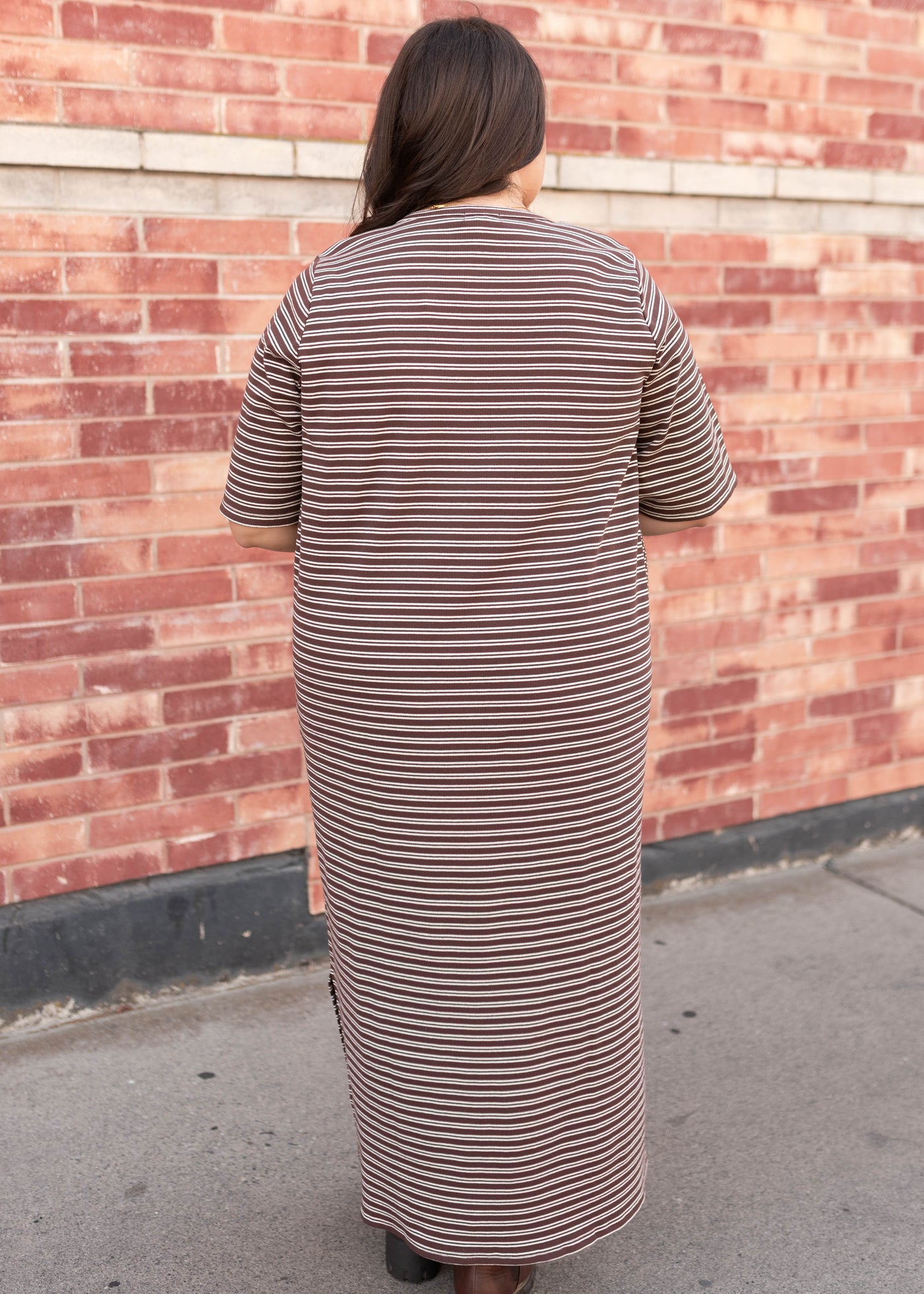 Back view of the plus size chestnut stripe dress