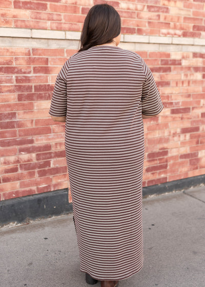 Back view of the plus size chestnut stripe dress
