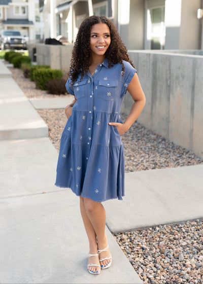 Denim bow embroidered dress with pockets