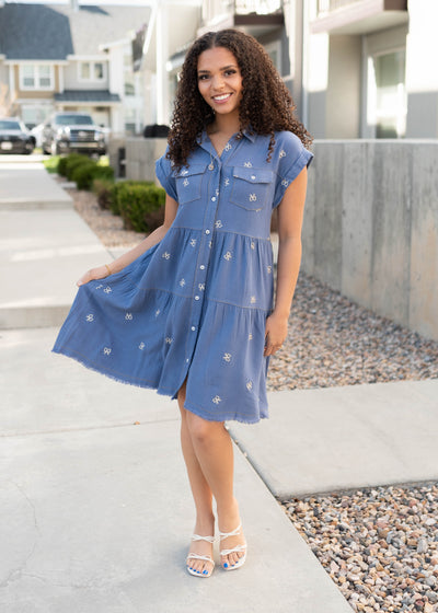 Denim bow embroidered dress with cap sleeves