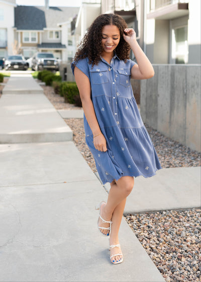 Cap sleeve denim bow embroidered dress