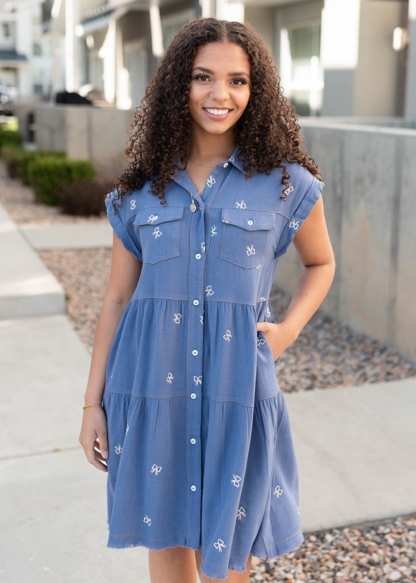 Denim bow embroidered dress