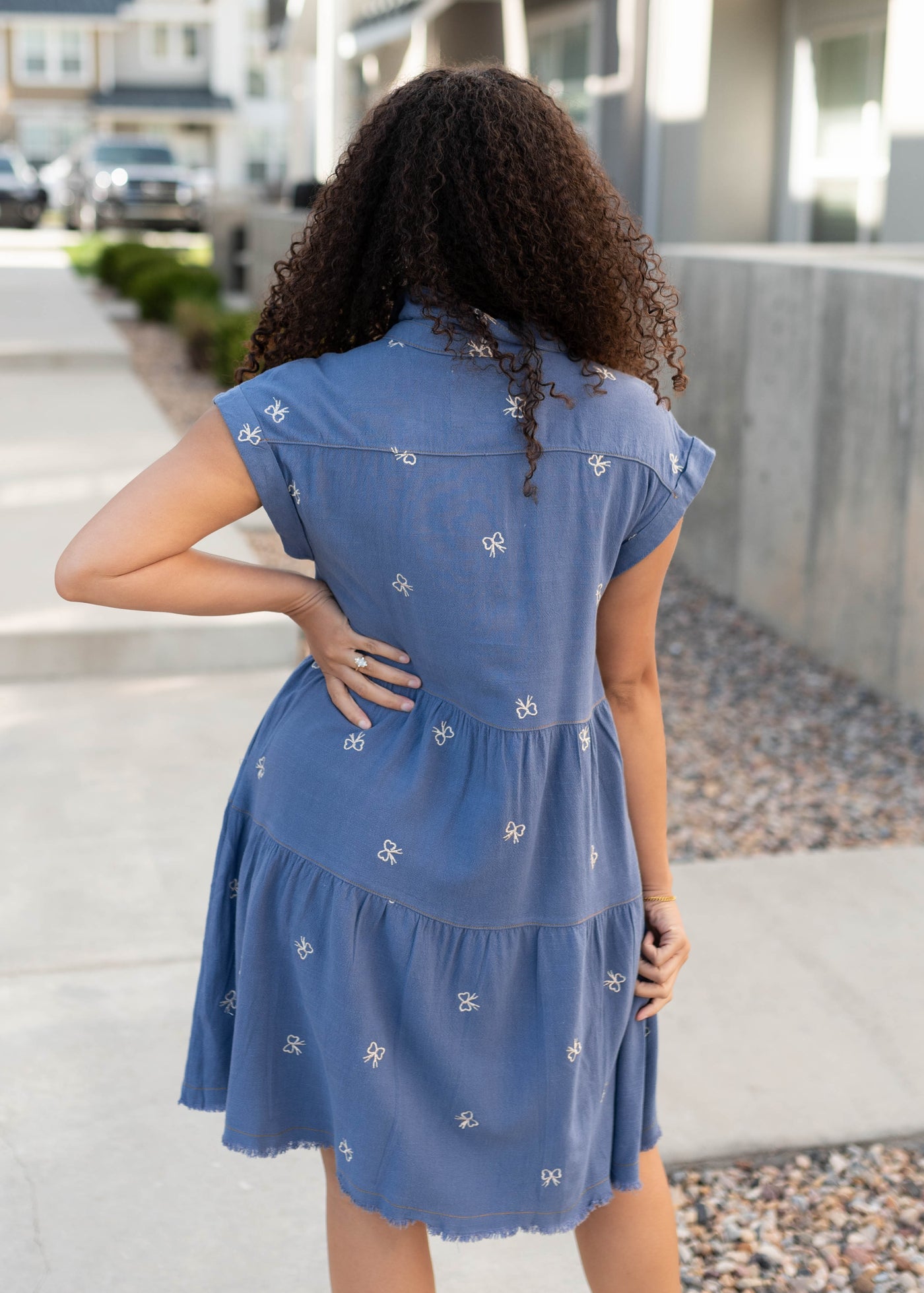 Back view of the denim bow embroidered dress
