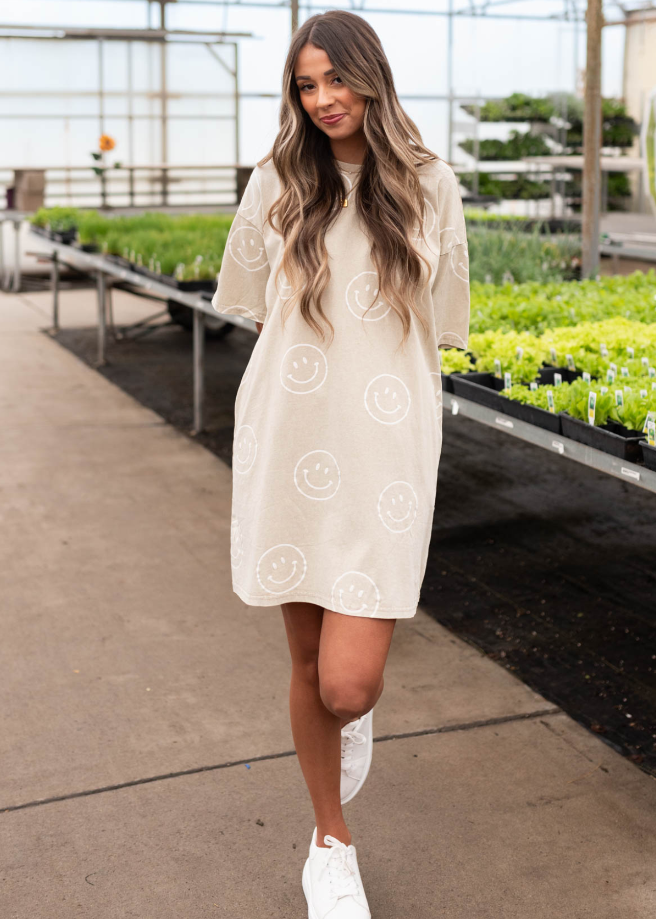 Drop sleeve khaki tunic dress with white smiley faces