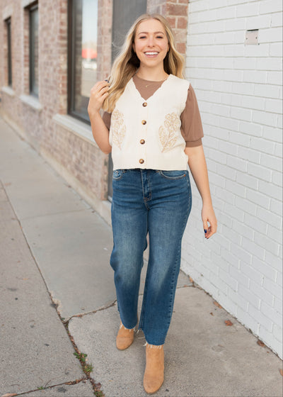 Cream button up flower patch sweater vest