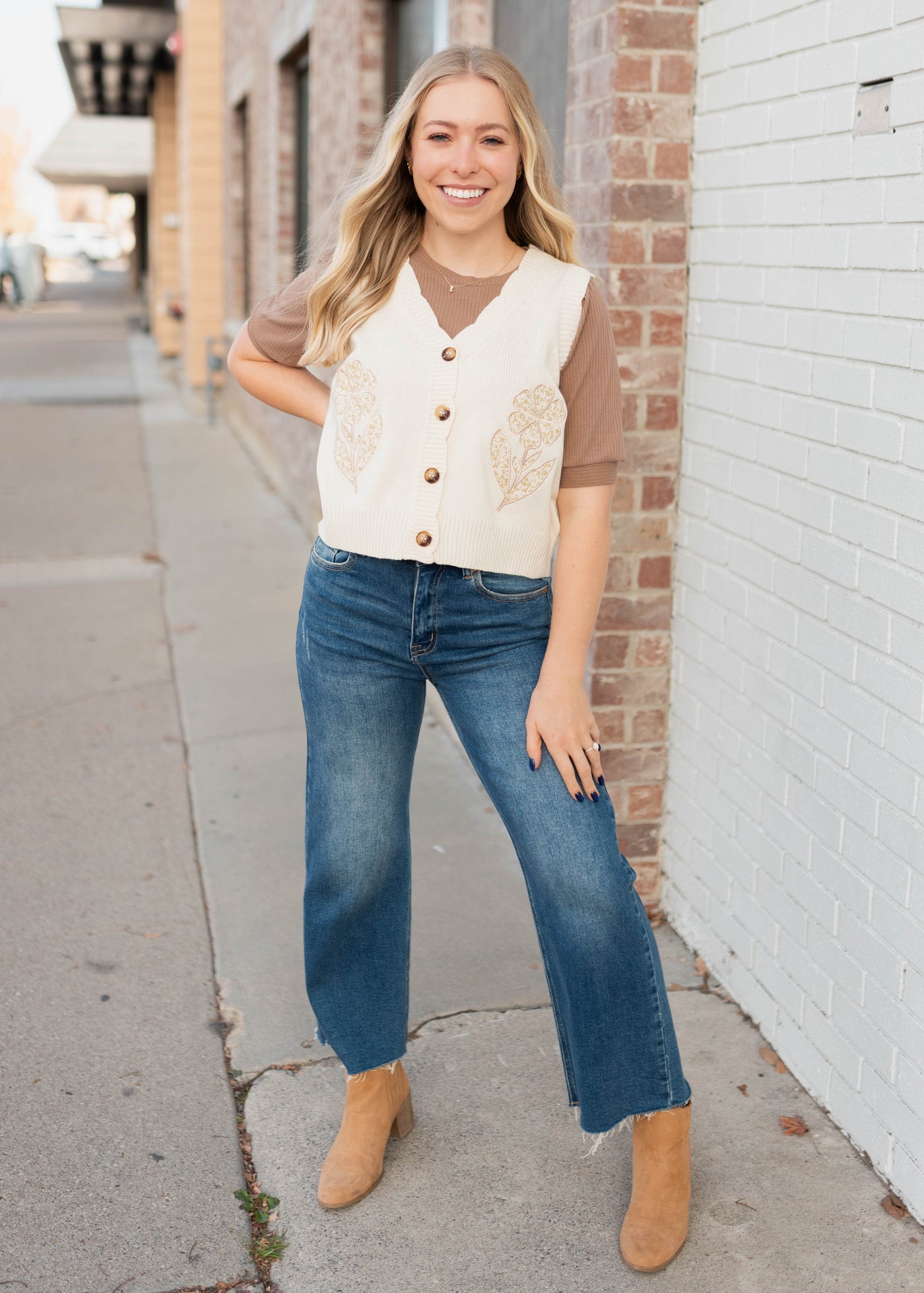 Cream flower patch sweater vest