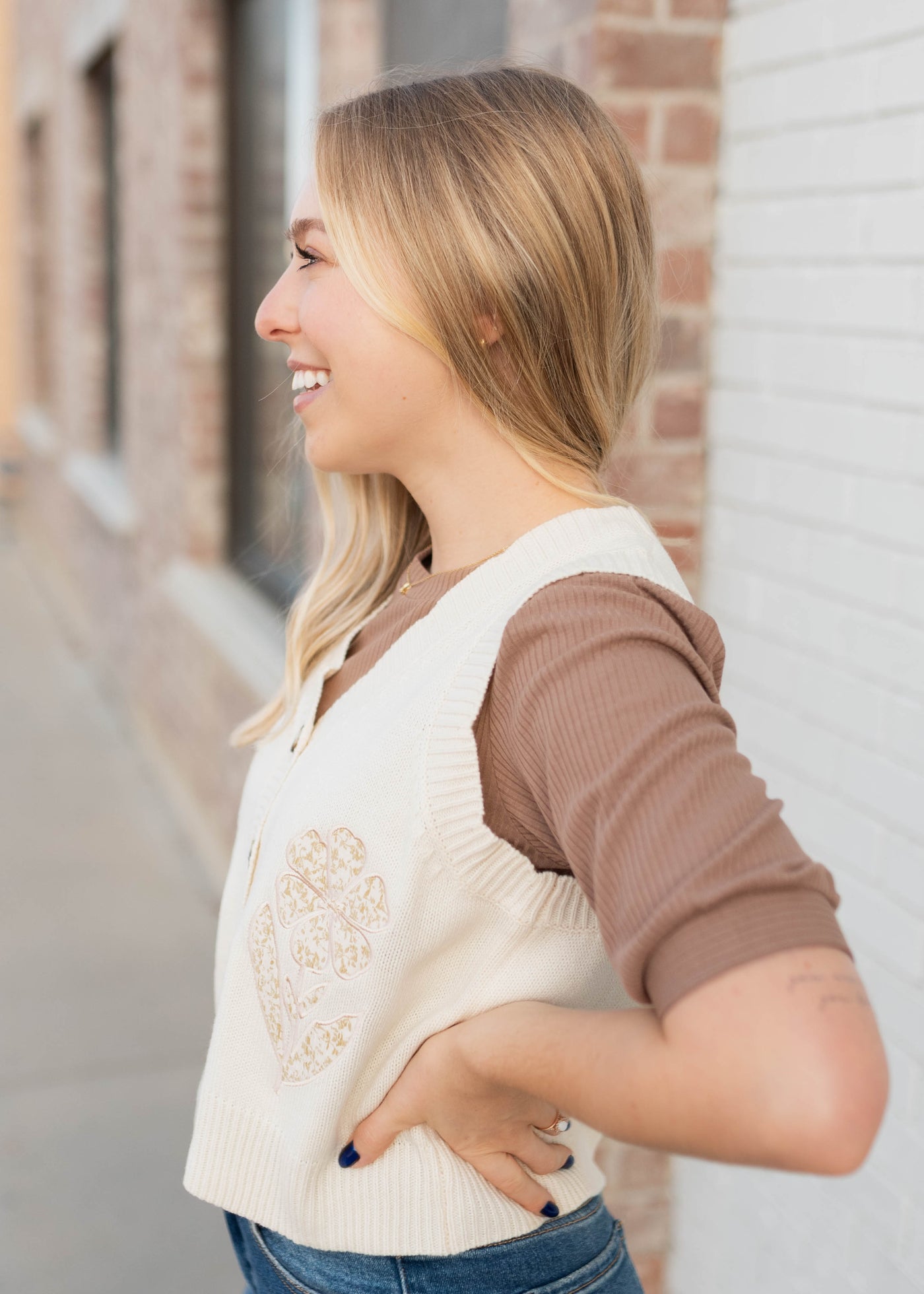 Side view of the flower patch sweater vest