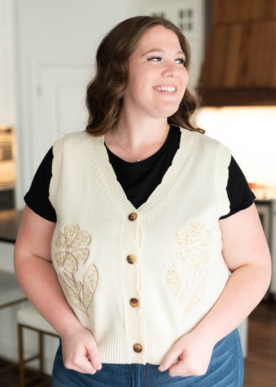 Plus size button up flower patch sweater vest with embroidered flowers