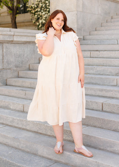 Plus size natural flutter sleeve dress with collar