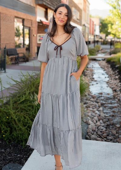 gingham tiered maxi dress Macey Brown – Lena Layne adjustable straps criss Color:White (1) _tab_model-info-petite Cut-Out Long Embellished Prom