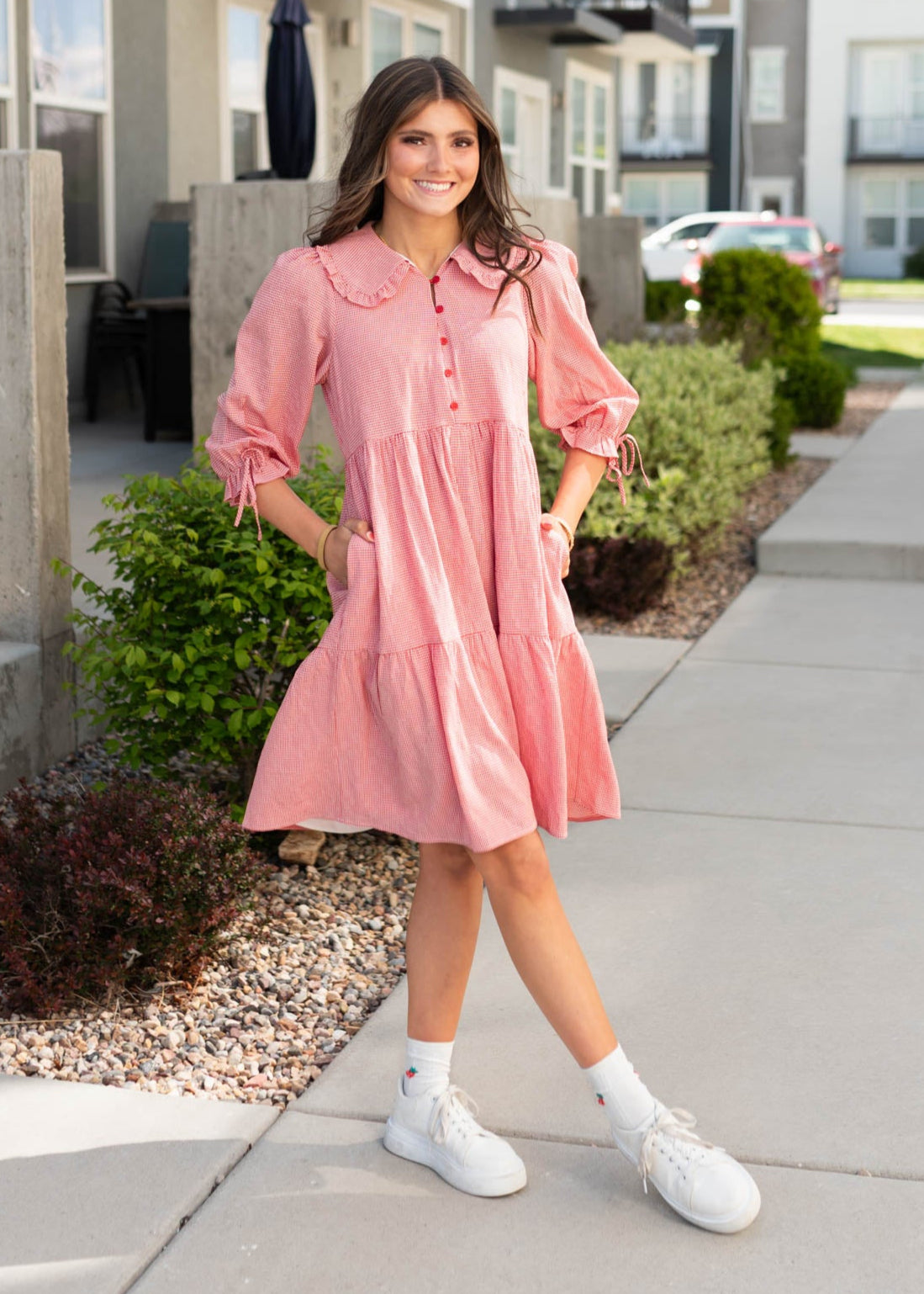 Short sleeve red gingham dress