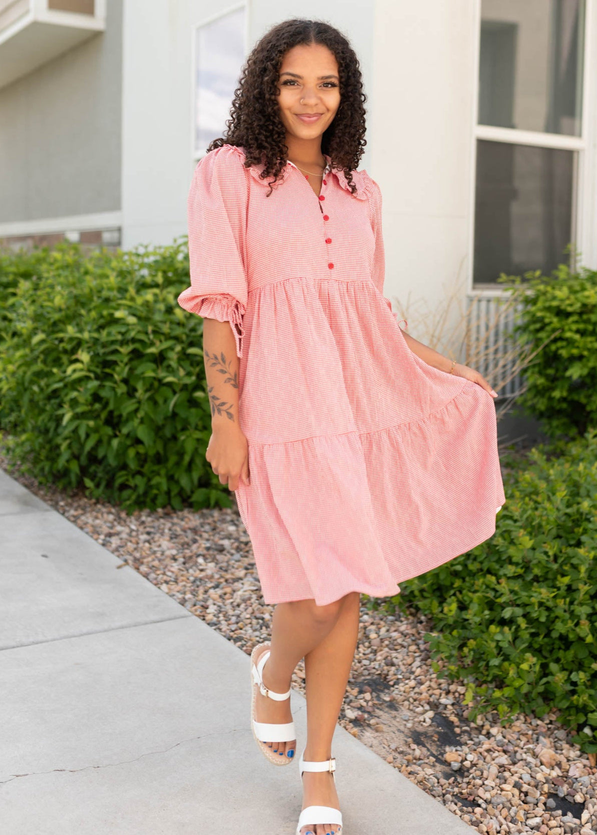 Red gingham dress with 3/4 sleeve