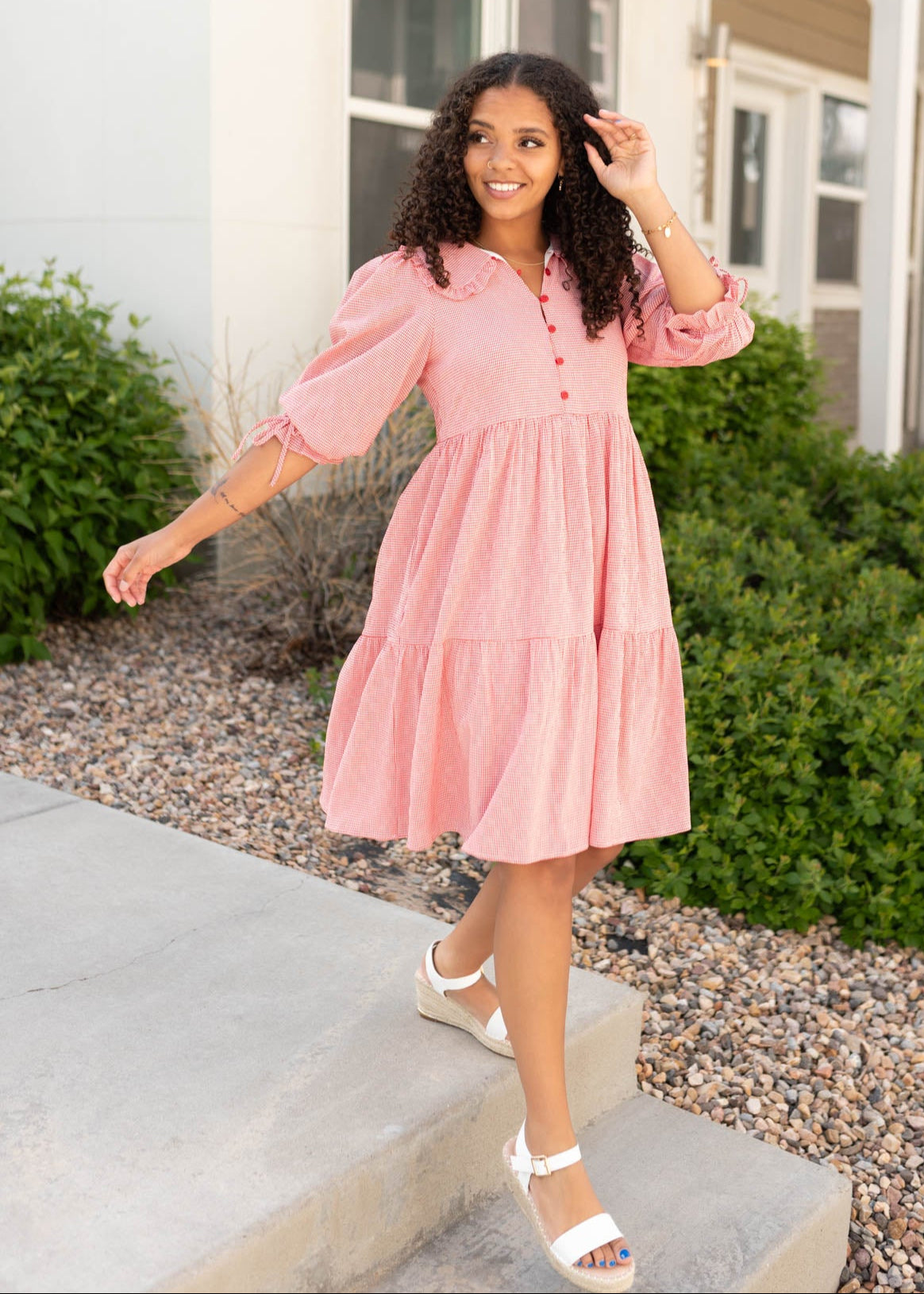 3/4 sleeve red gingham dress