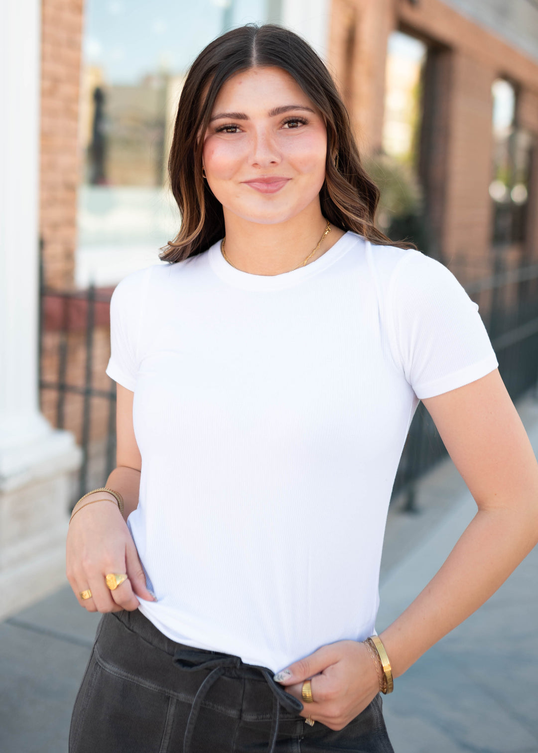 Madalyn White Ribbed Knit Top - Fitted, Short Sleeves & Hip Length