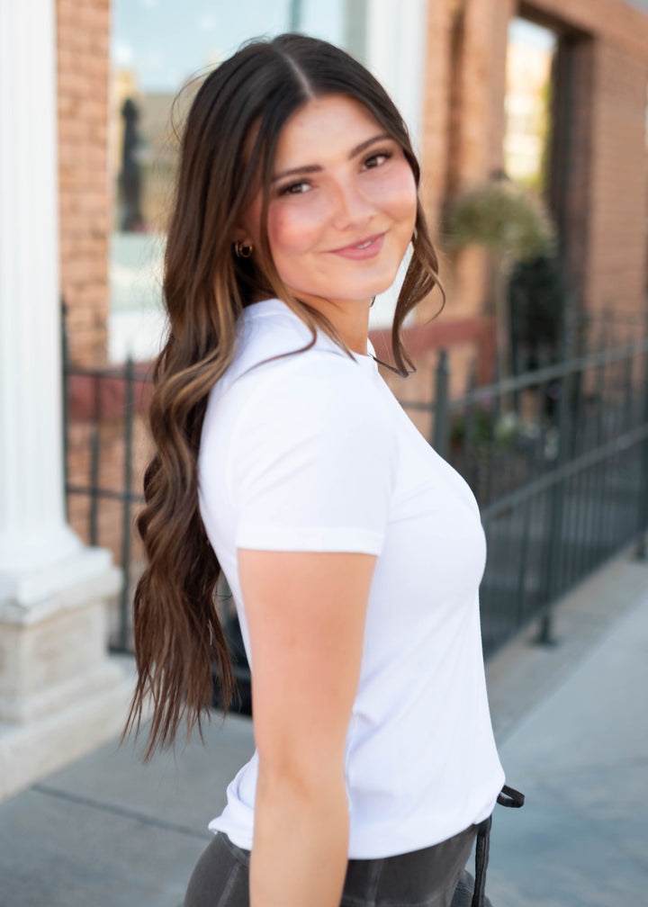 Madalyn White Ribbed Knit Top - Fitted, Short Sleeves & Hip Length