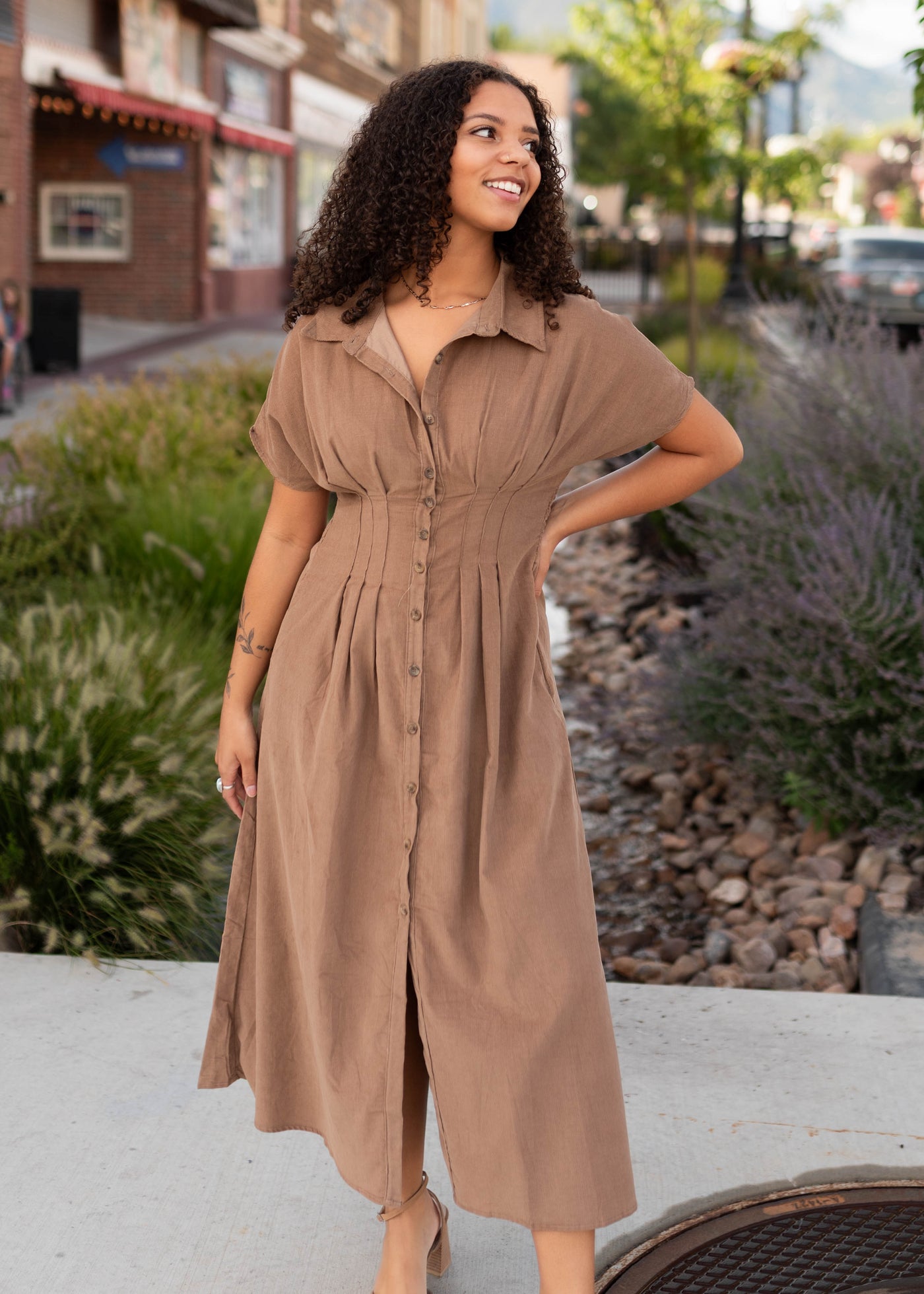 Madeline Mocha Pintucked Button Up Midi Dress – Lena Layne