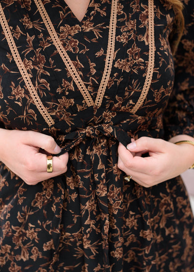 Black floral dress with tie at the waist