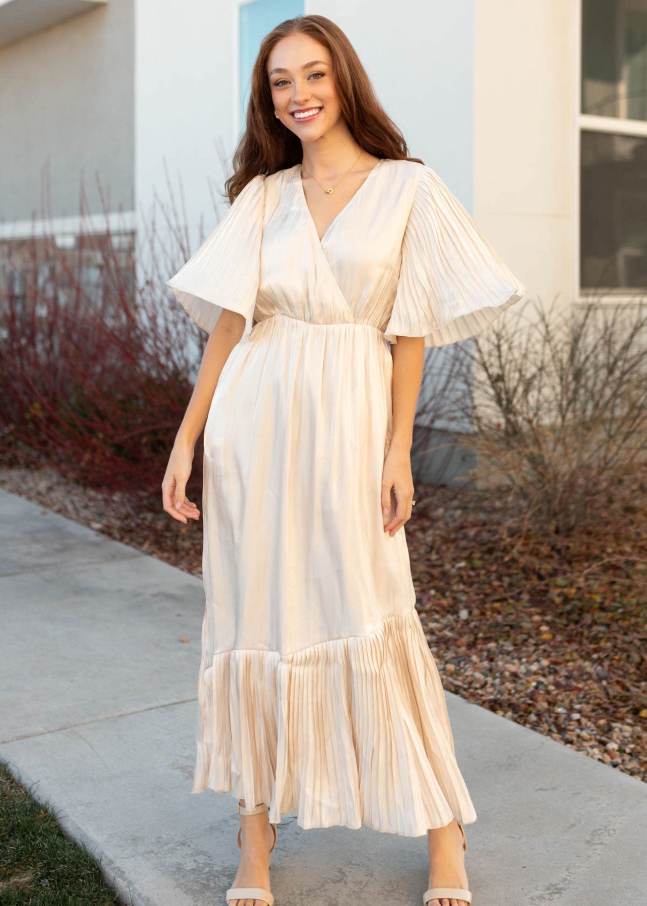 Cream pleated wrap dress