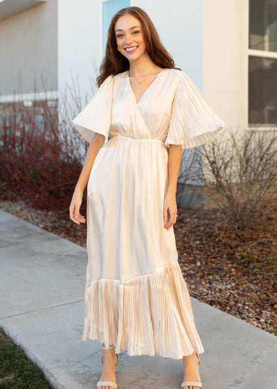 Cream pleated wrap dress