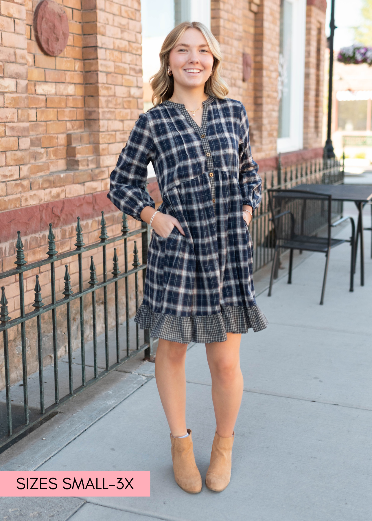 Long sleeve navy plaid dress with pockets
