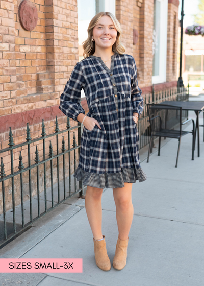 Long sleeve navy plaid dress with pockets