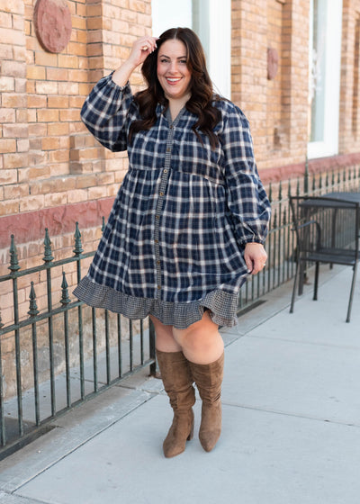Plus size button up modest navy plaid dress