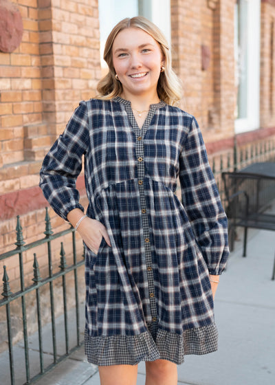 Modest knee length navy plaid dress with pockets