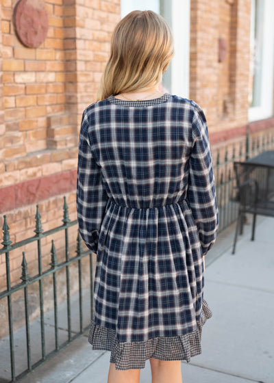 Back view of the navy plaid dress