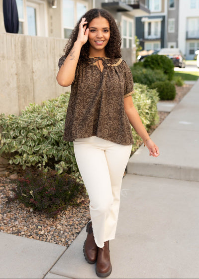 Modest brown pattern top with short sleeves at Lena Layne
