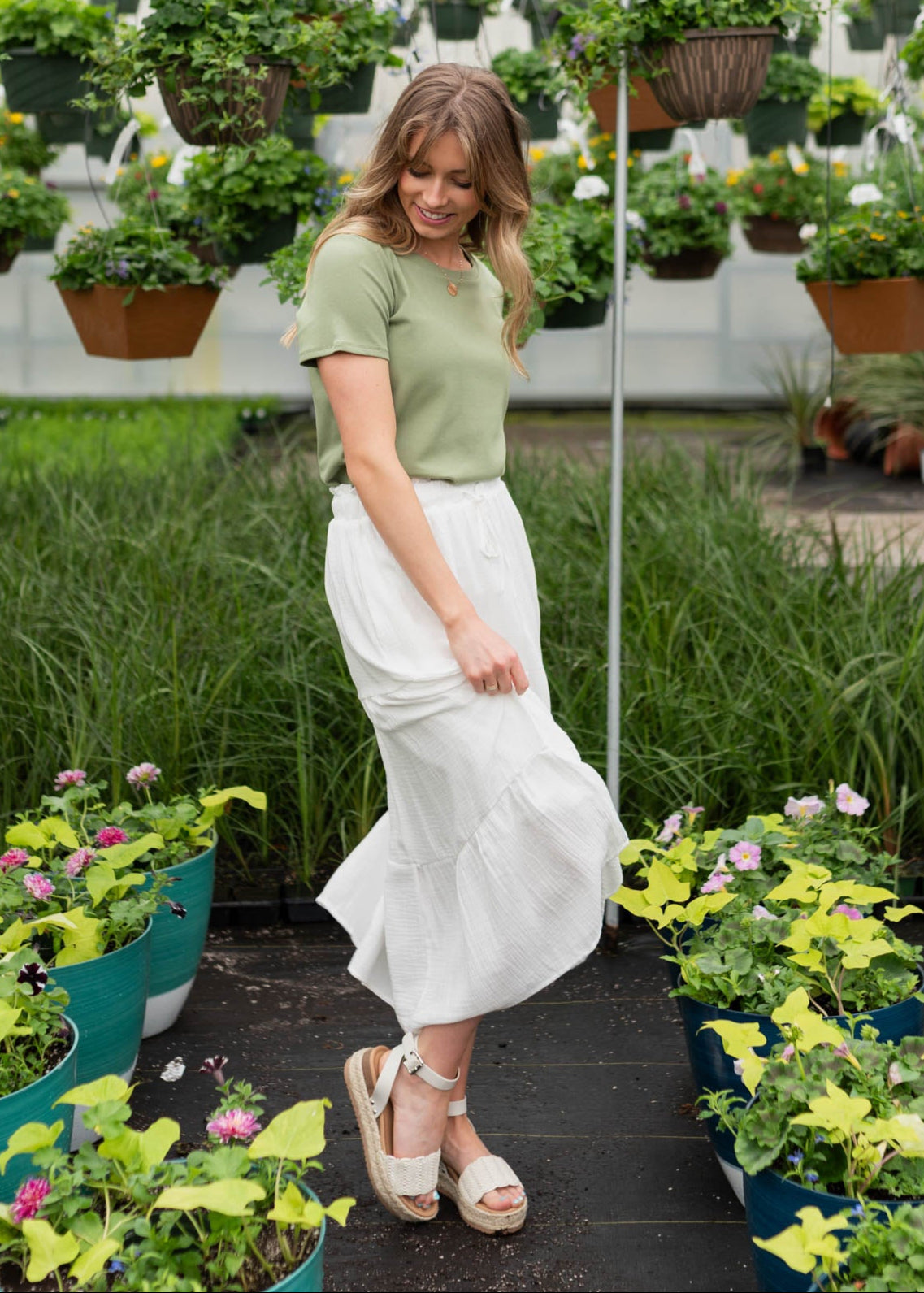 White tiered maxi skirt with elastic waist