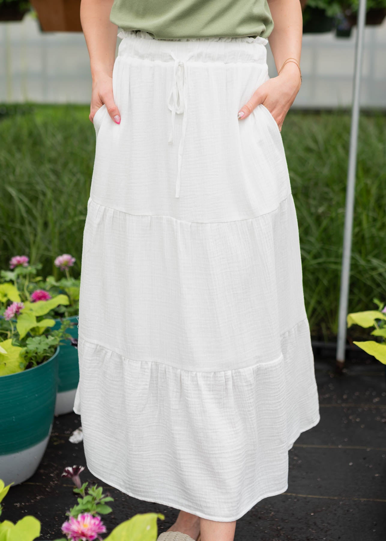 White tiered maxi skirt with pockets