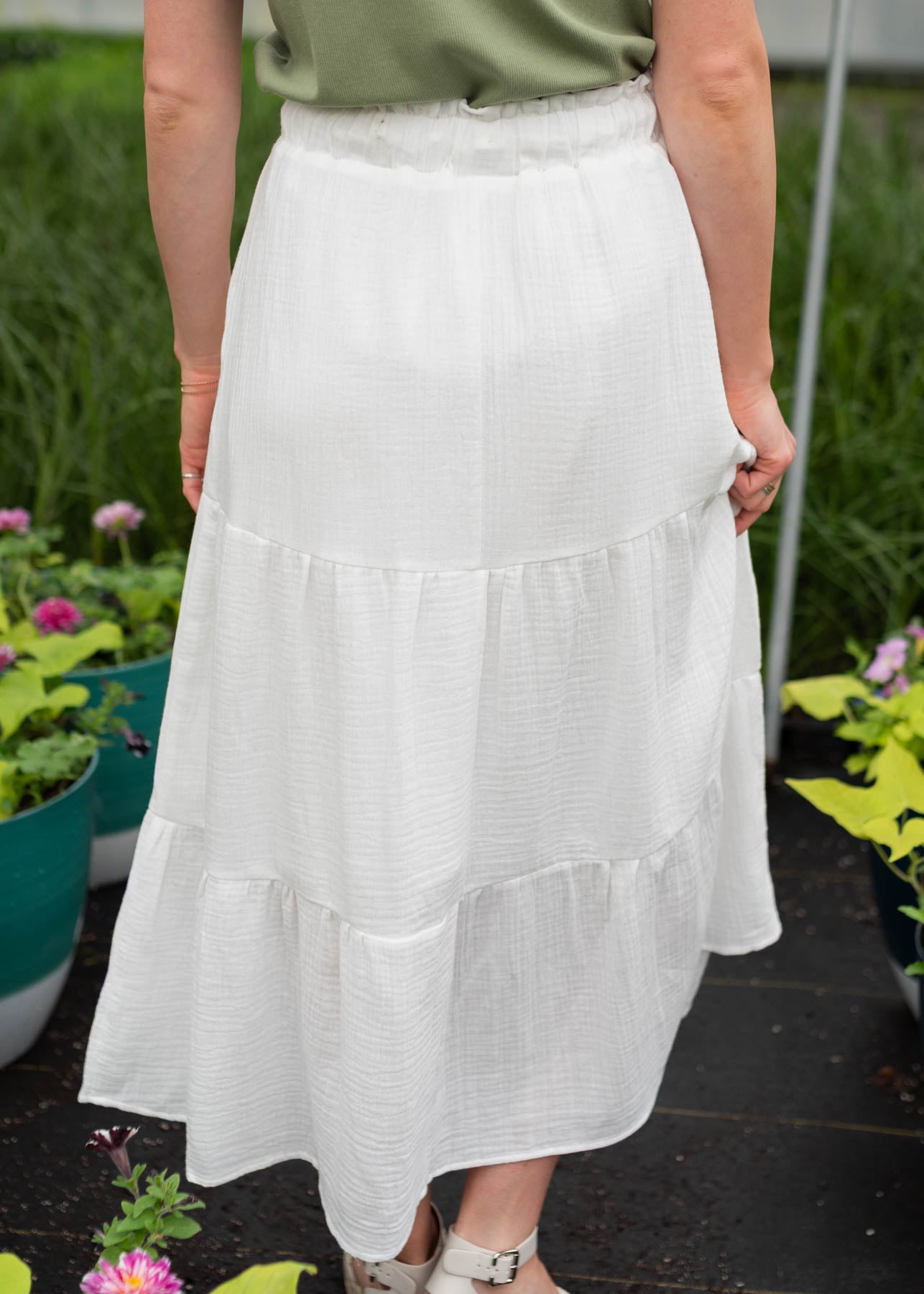 Back view of the white tiered maxi skirt
