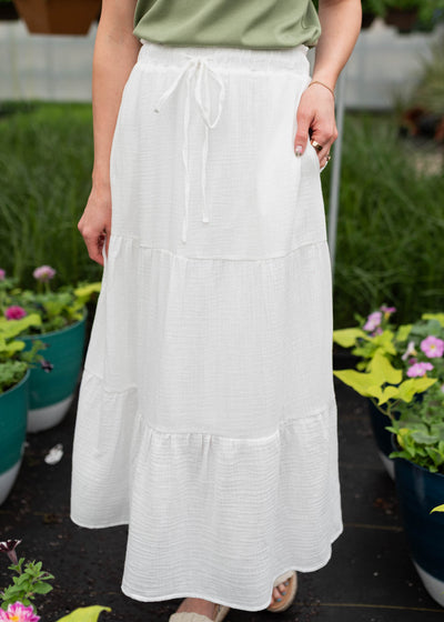 White tiered maxi skirt with elastic waist and tie