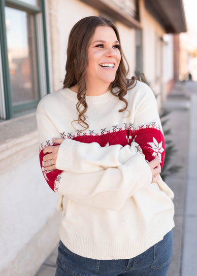 Long sleeve red and cream patterned sweater