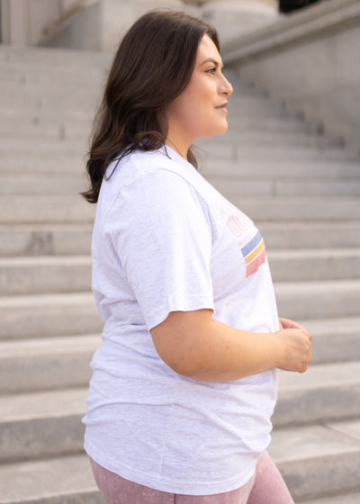 Side view of the plus size mama ash grey tee