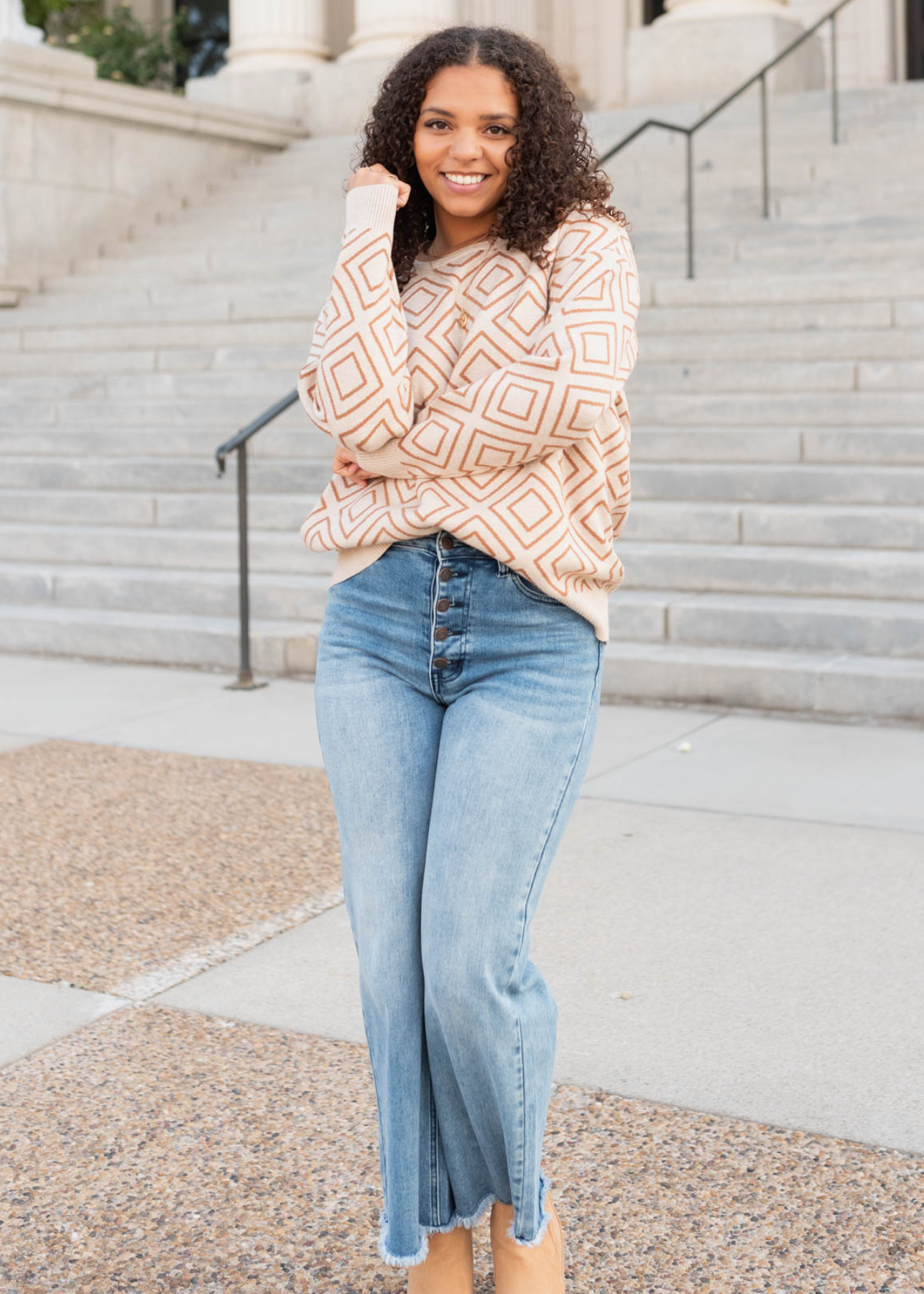 Front view of the oatmeal pattern sweater