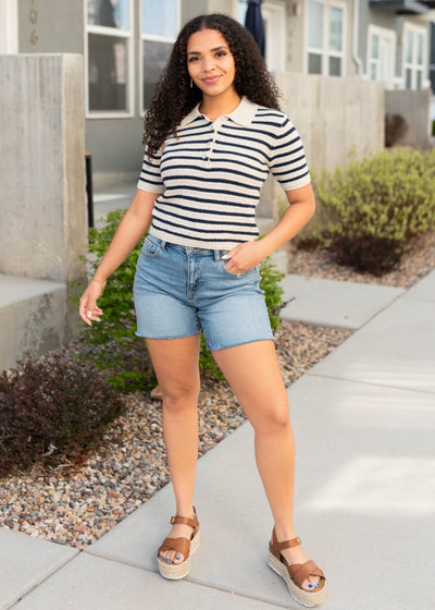 Short sleeve navy striped knitted pollo top