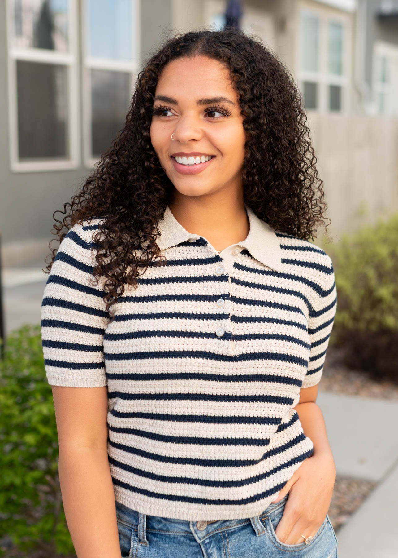 Sweater navy striped knitted pollo top