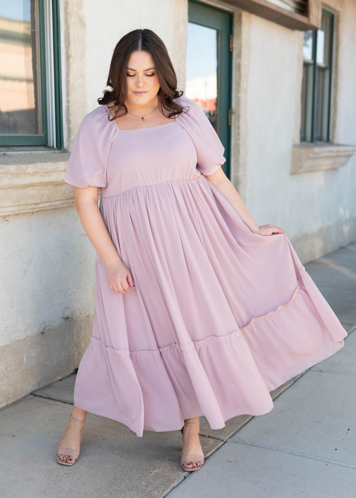Square neck lilac tiered dress dress in plus size