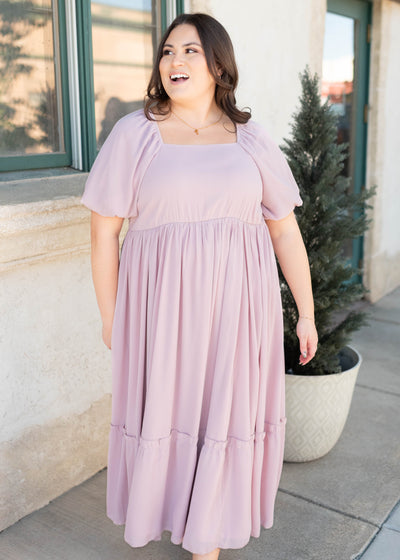Short sleeve modest lilac tiered dress in plus size