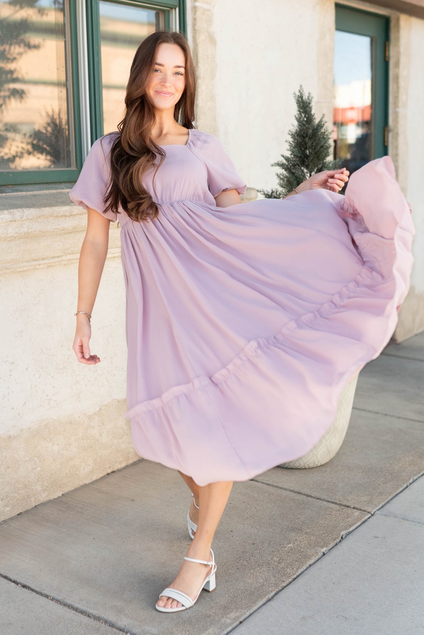 Short sleeve lilac tiered dress with elastic waist