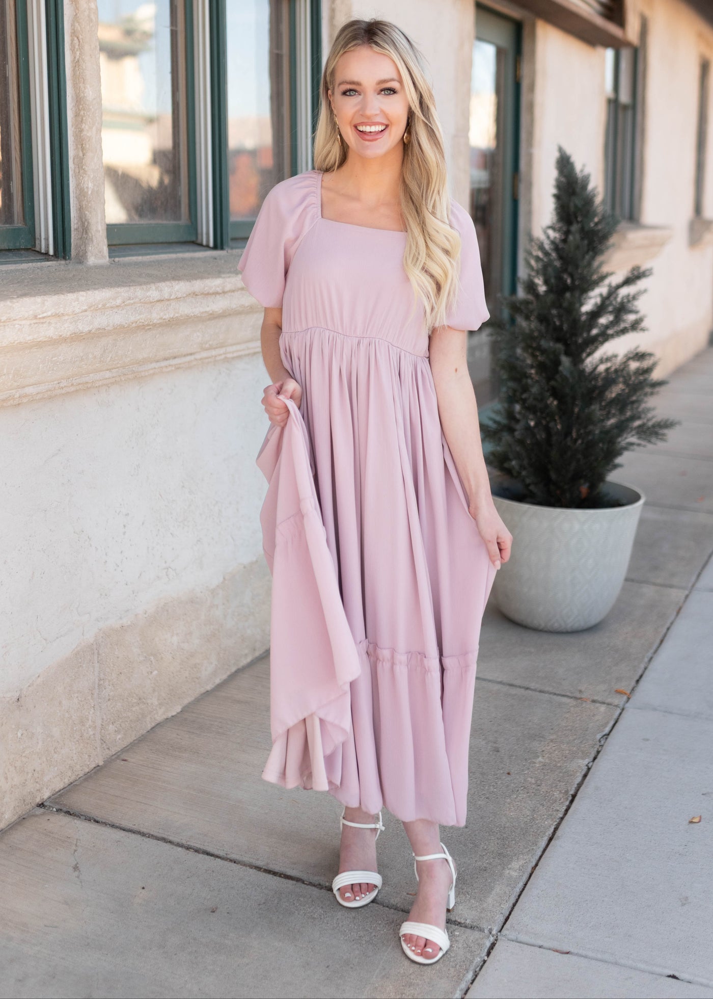 Modest square neck lilac tiered dress