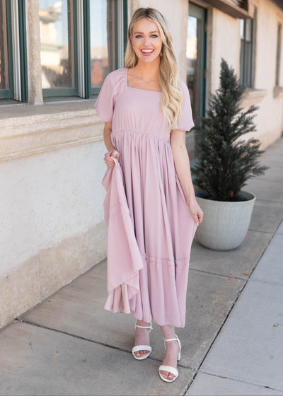 Modest square neck lilac tiered dress